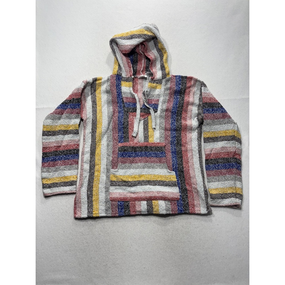 Mexico Hoodie Mens Large Multicolor Striped Knit Pullover V Neck Kangaroo Pocket